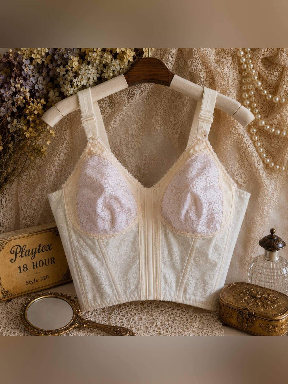 Vintage Playtex 18 Hour Longline Bra Style 220 34C Lace Bullet Bra Girdle